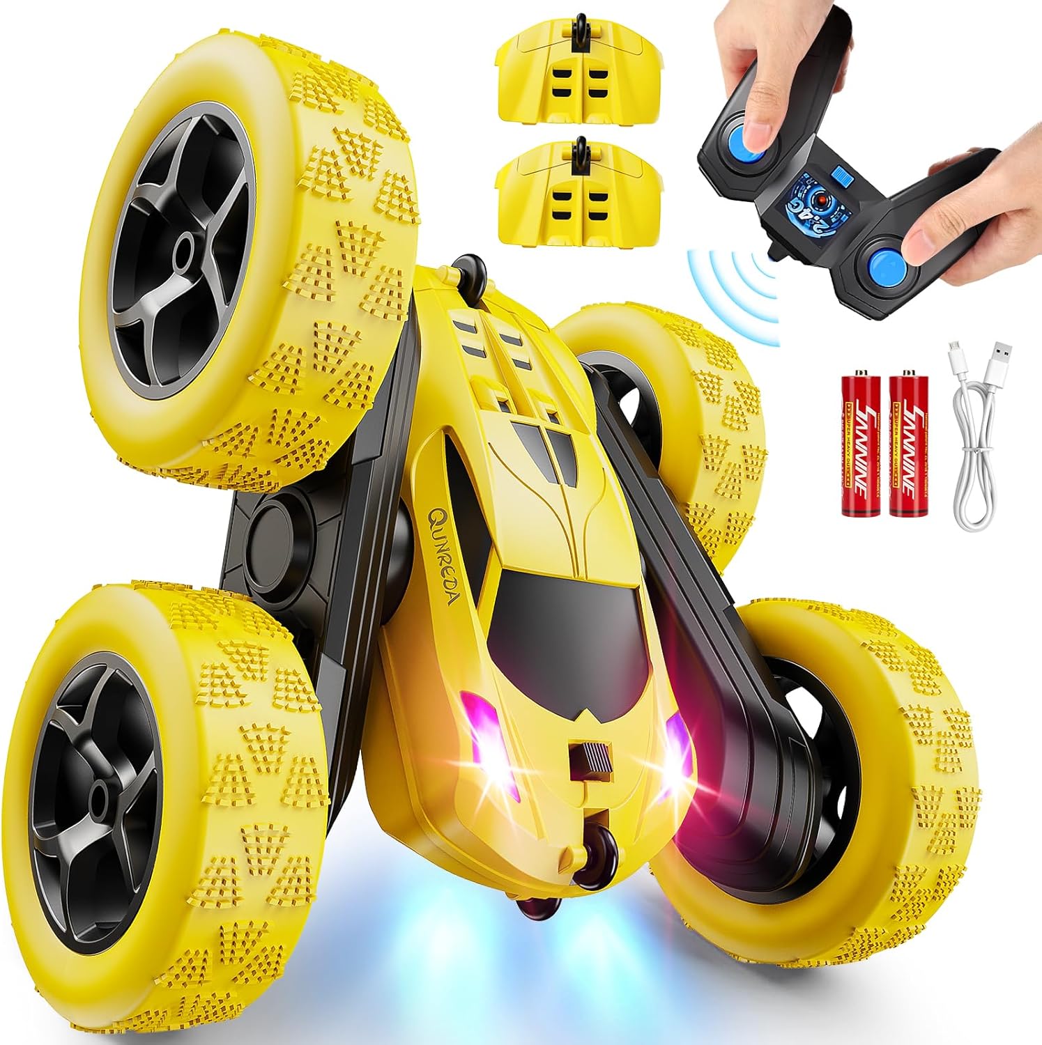 Yellow QUNREDA Q1 4WD remote control stunt car