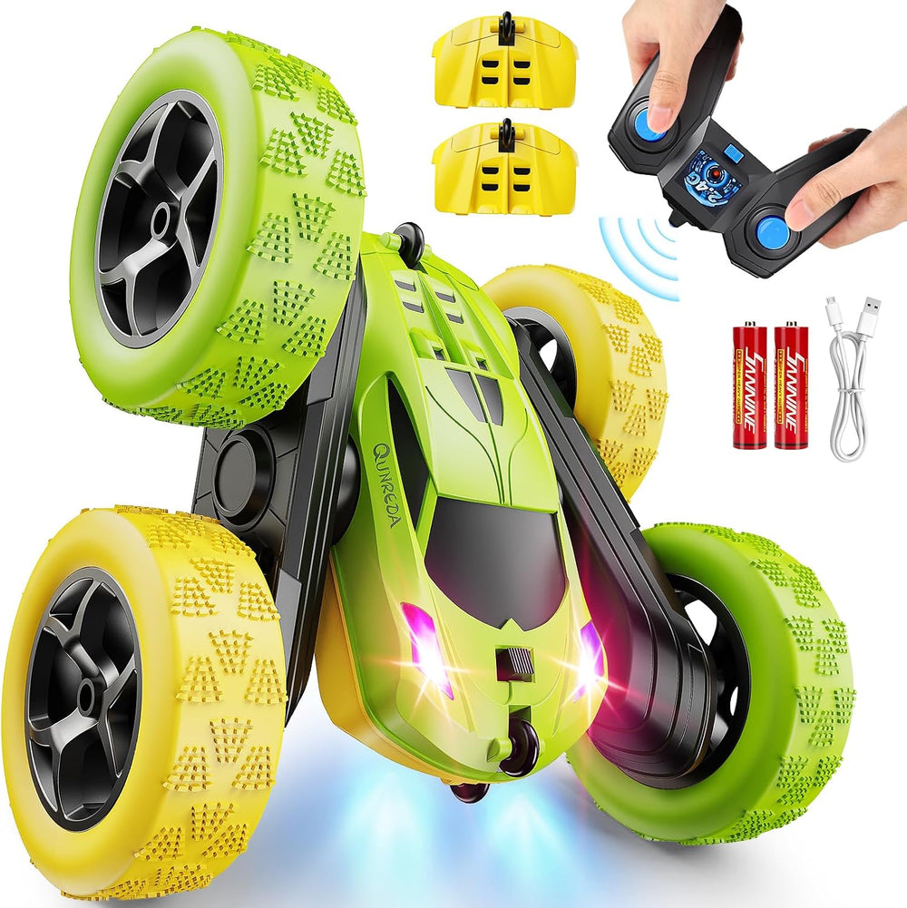 Yellow and green QUNREDA Q1 4WD remote control stunt car