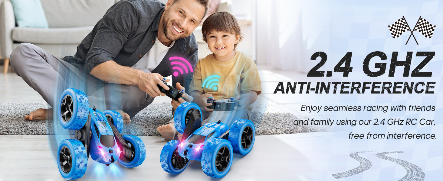 Family racing QUNREDA remote control stunt cars together