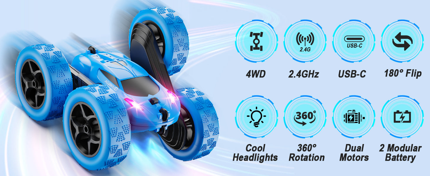 QUNREDA stunt car performance overview with 4WD, USB-C, lights, dual motors, and 360-degree rotation