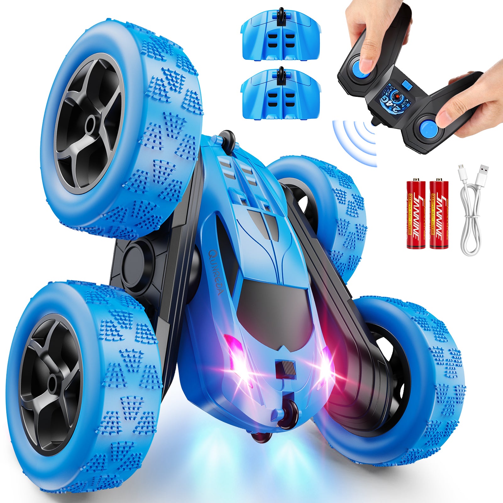 Original blue QUNREDA 4WD stunt car product image with controller and included accessories